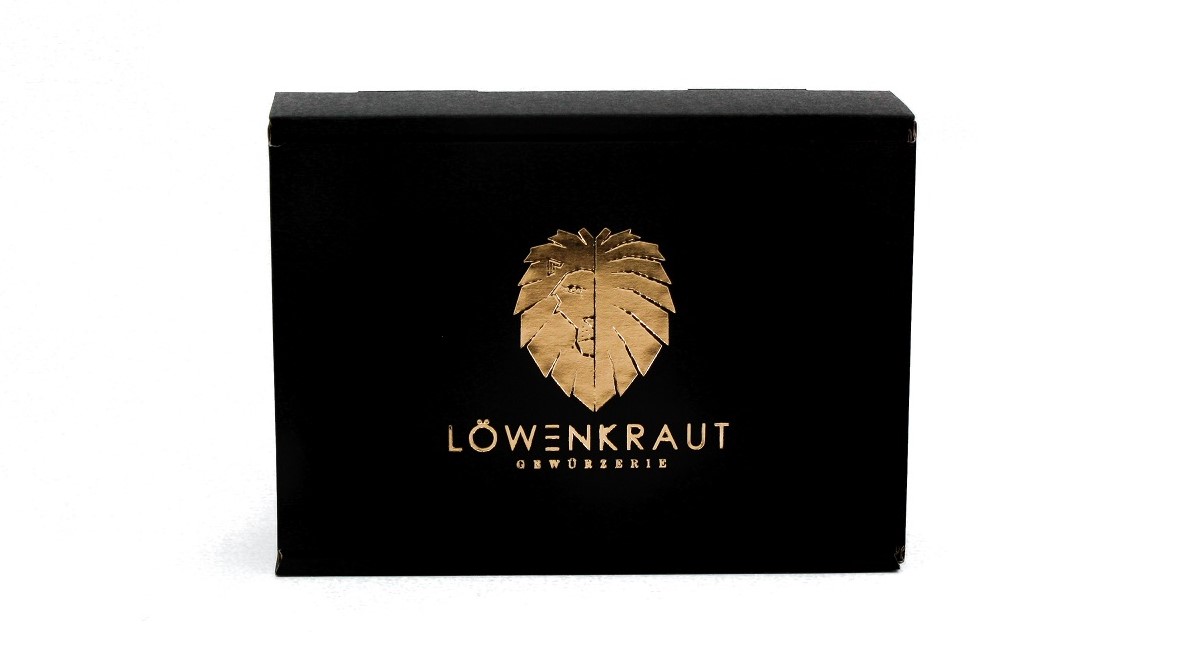 Edle Geschenkbox mit goldener LÖWENKRAUT Prägung