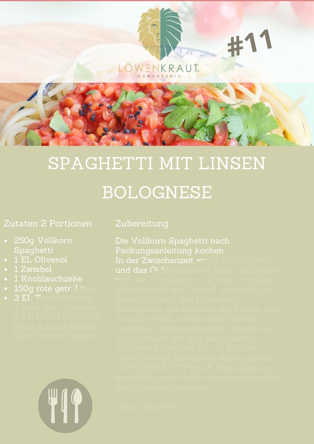 REZEPTKARTE #11 Spaghetti mit Linsen Bolognese