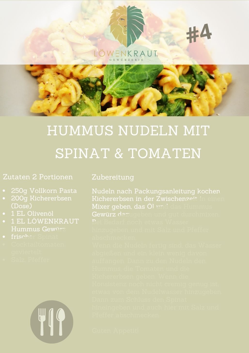 REZEPTKARTE #4 Hummus Nudeln mit Spinat & Tomaten
