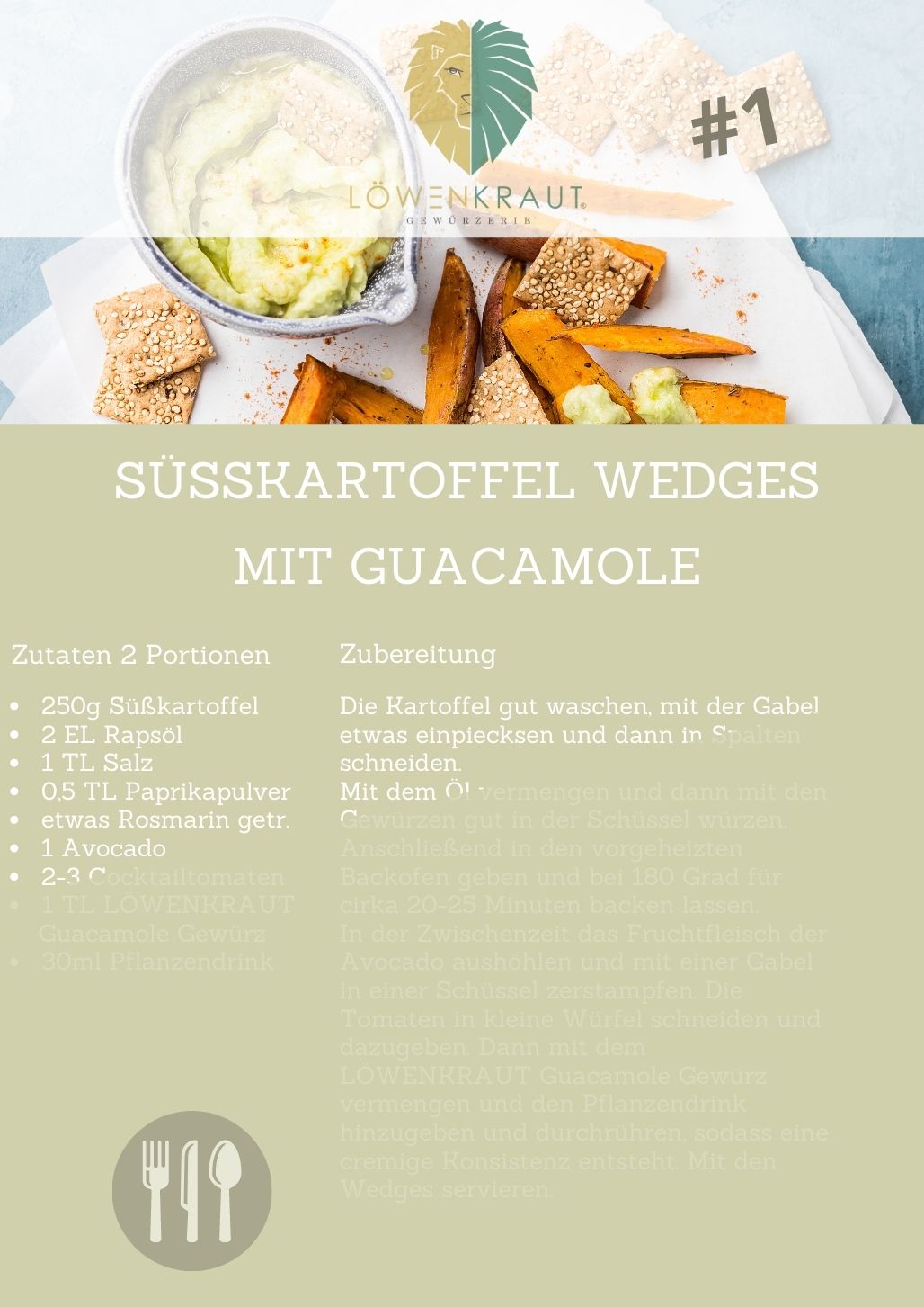 REZEPTKARTE #1 Süßkartoffel Wedges mit Guacamole